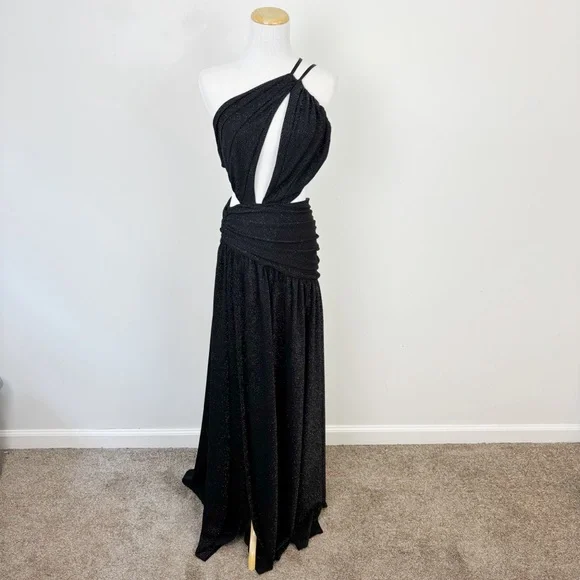 Michael Costello Revolve Fairleigh Gown Black Cutout Metallic Thread Size Small - Picture 2 of 11